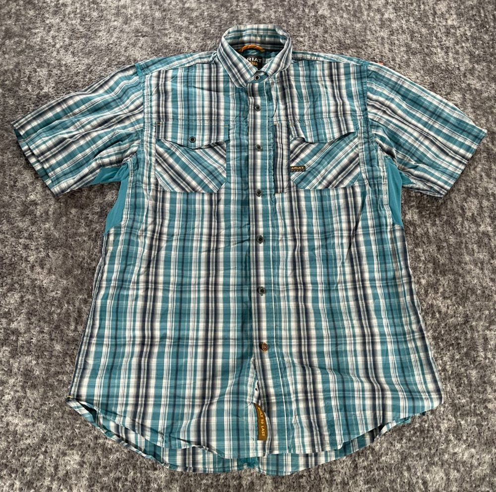 Ariat Rebar Men's M Teal Plaid Short Sleeve Stretch Work Shirt 10022436